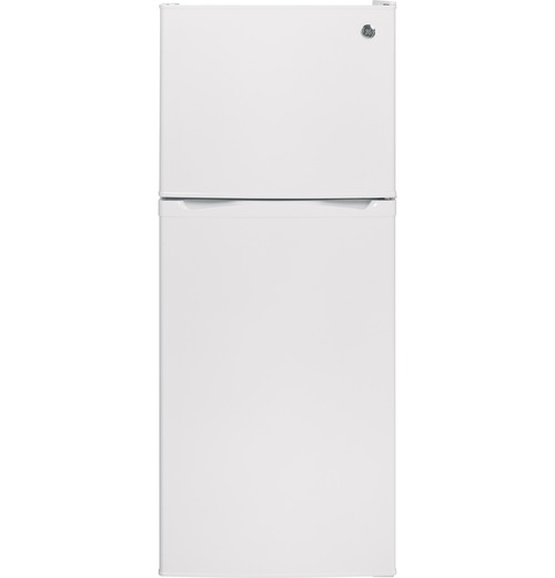 GE white refrigerator with top freezer