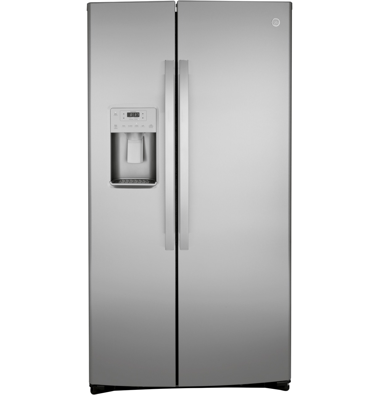 GE counter depth and fingerprint resistant side by side refrigerator.