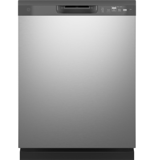 GE grey and stainless steel dishwasher with front controls