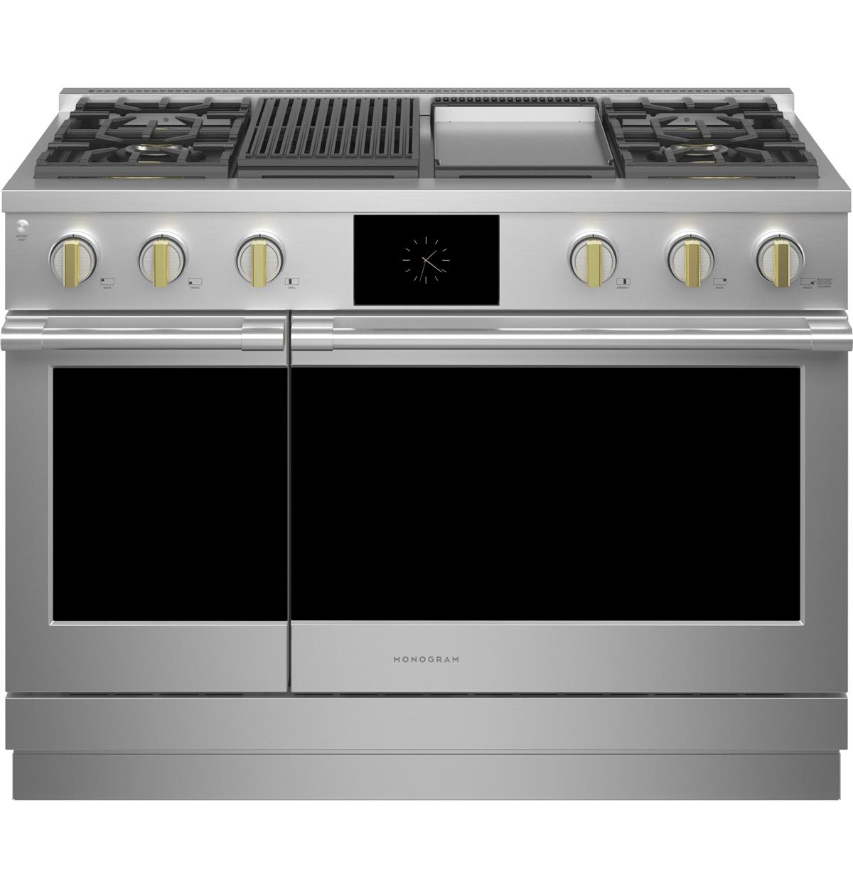 Monogram dual fuel professional range oven with 4 burners, a grill and a griddle